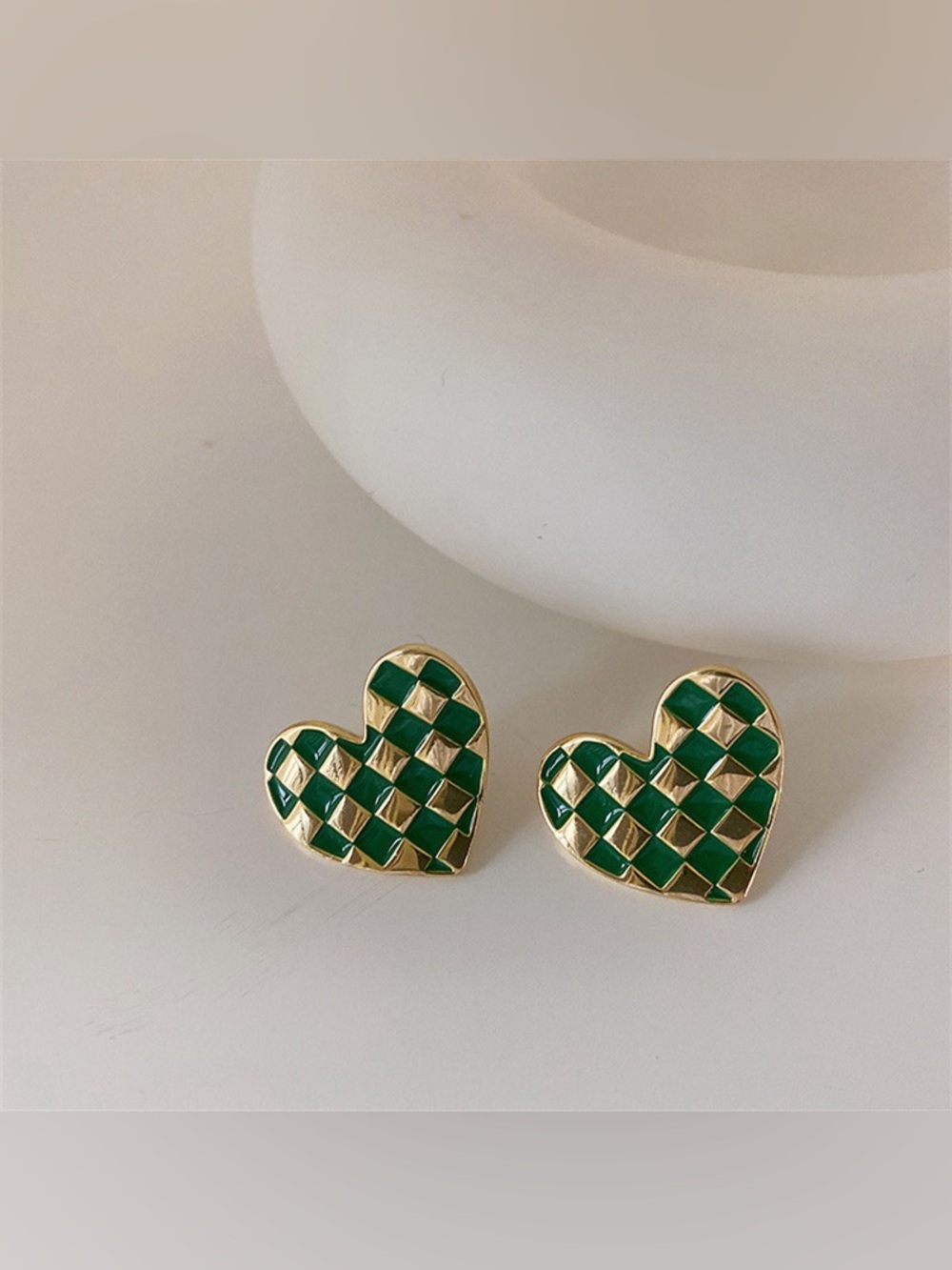 Korean Vintage Checkerboard Gingham Love Heart Stud Earrings